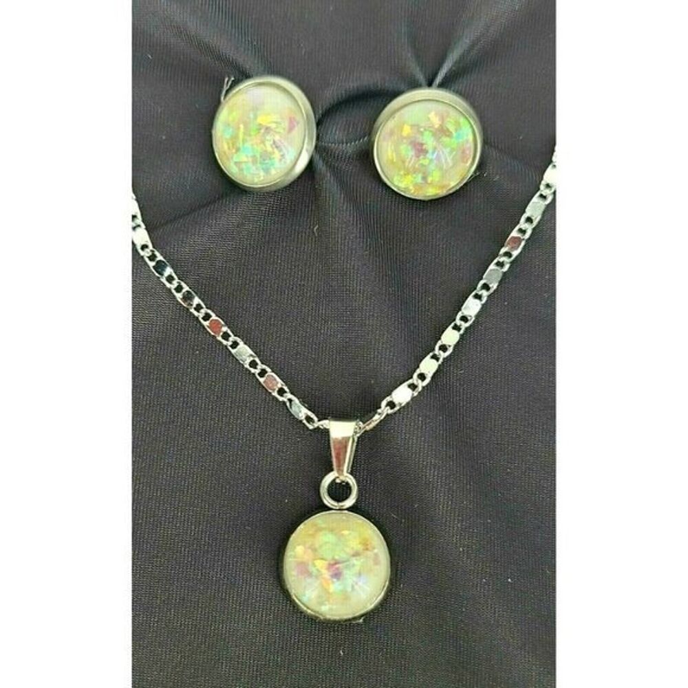 Created White Opal Earrings & Necklace, White Gold-Plated Chain - White Opal